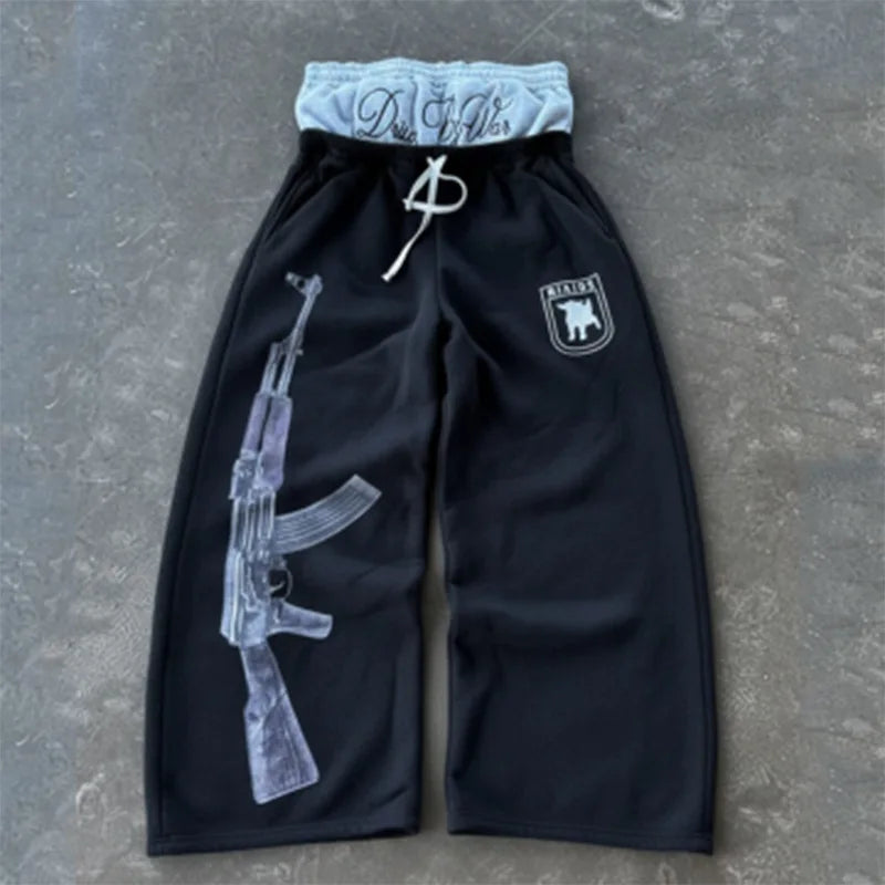 2025 European and American Embroidered Street Couple Double Head Double Waist Pants Personalized Printed Pattern Pants