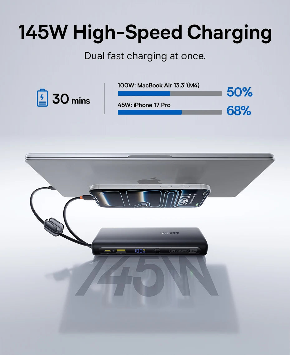 【CCC】Baseus 25000mAh 145W Power Bank Built-In Dual USB-C Cable Fast Charge Digital Display Power Bank For Mac iPhone Samsung