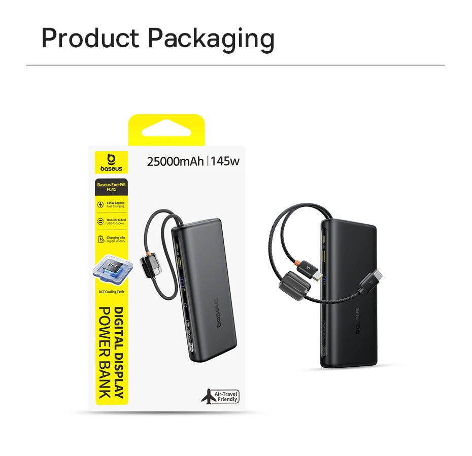 【CCC】Baseus 25000mAh 145W Power Bank Built-In Dual USB-C Cable Fast Charge Digital Display Power Bank For Mac iPhone Samsung