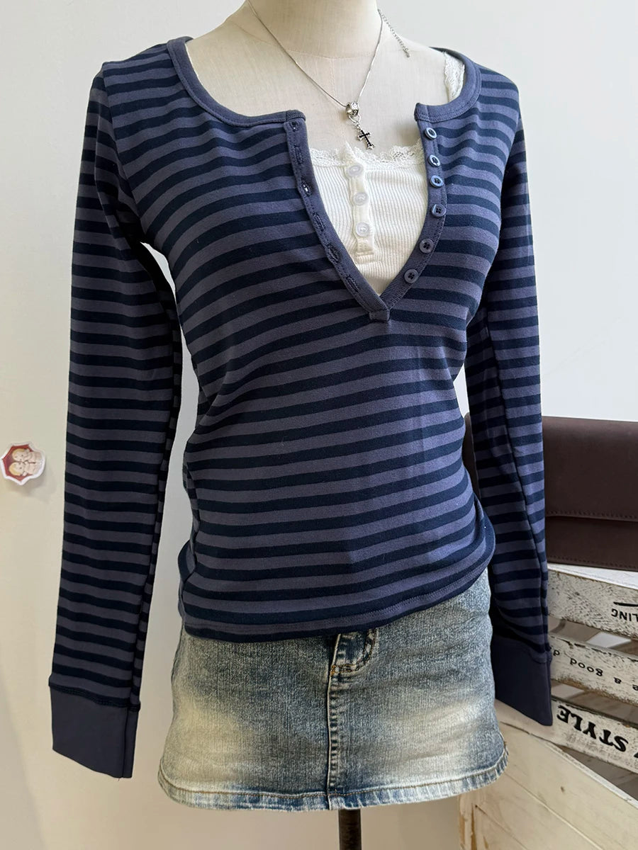 Pink Striped Slim Long Sleeve Tees Women Spring Casual Cotton O-neck Tshirt New Tops Clothes Sweet Cute  Vintage T-shirts Y2K