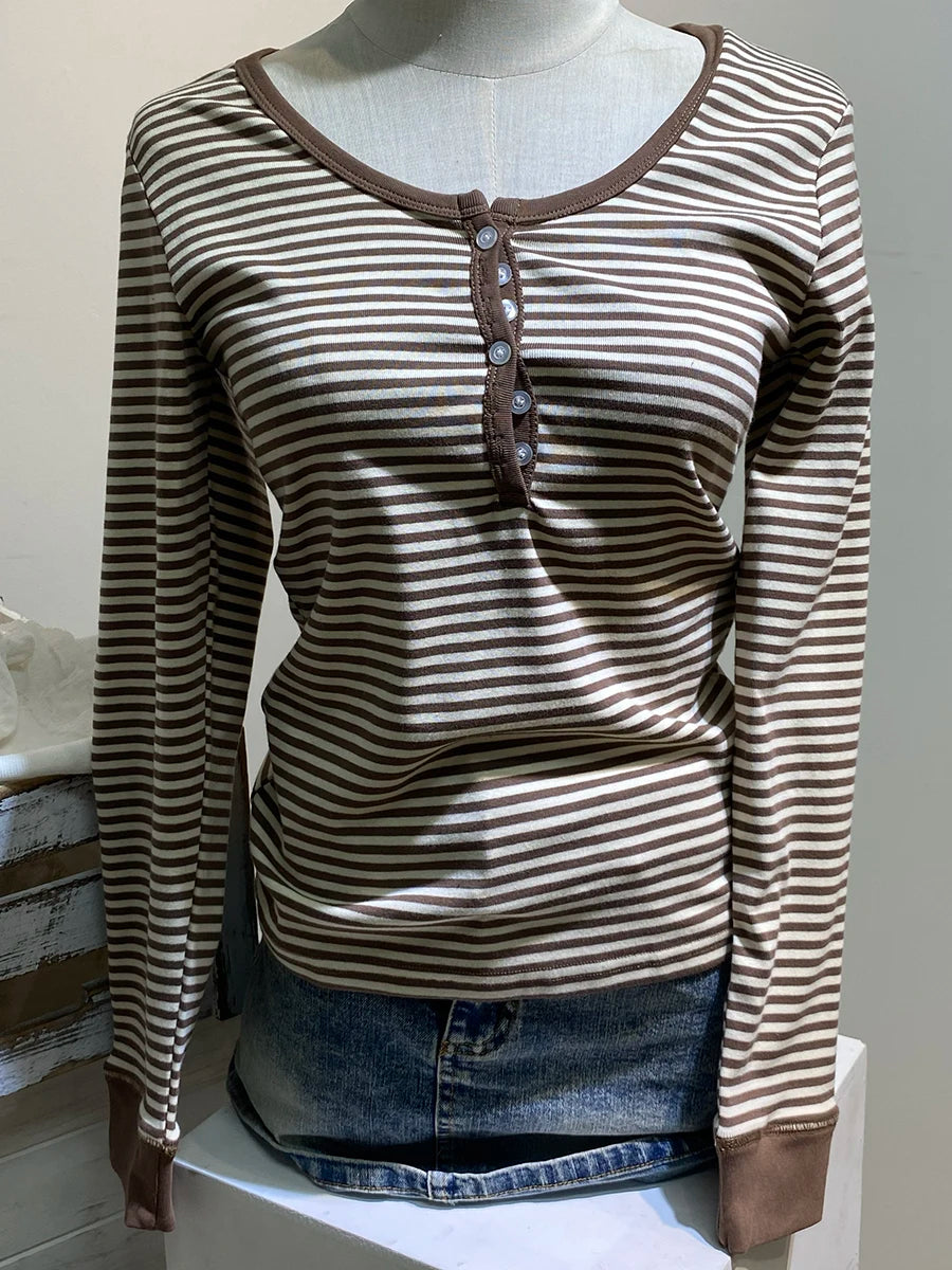 Pink Striped Slim Long Sleeve Tees Women Spring Casual Cotton O-neck Tshirt New Tops Clothes Sweet Cute  Vintage T-shirts Y2K