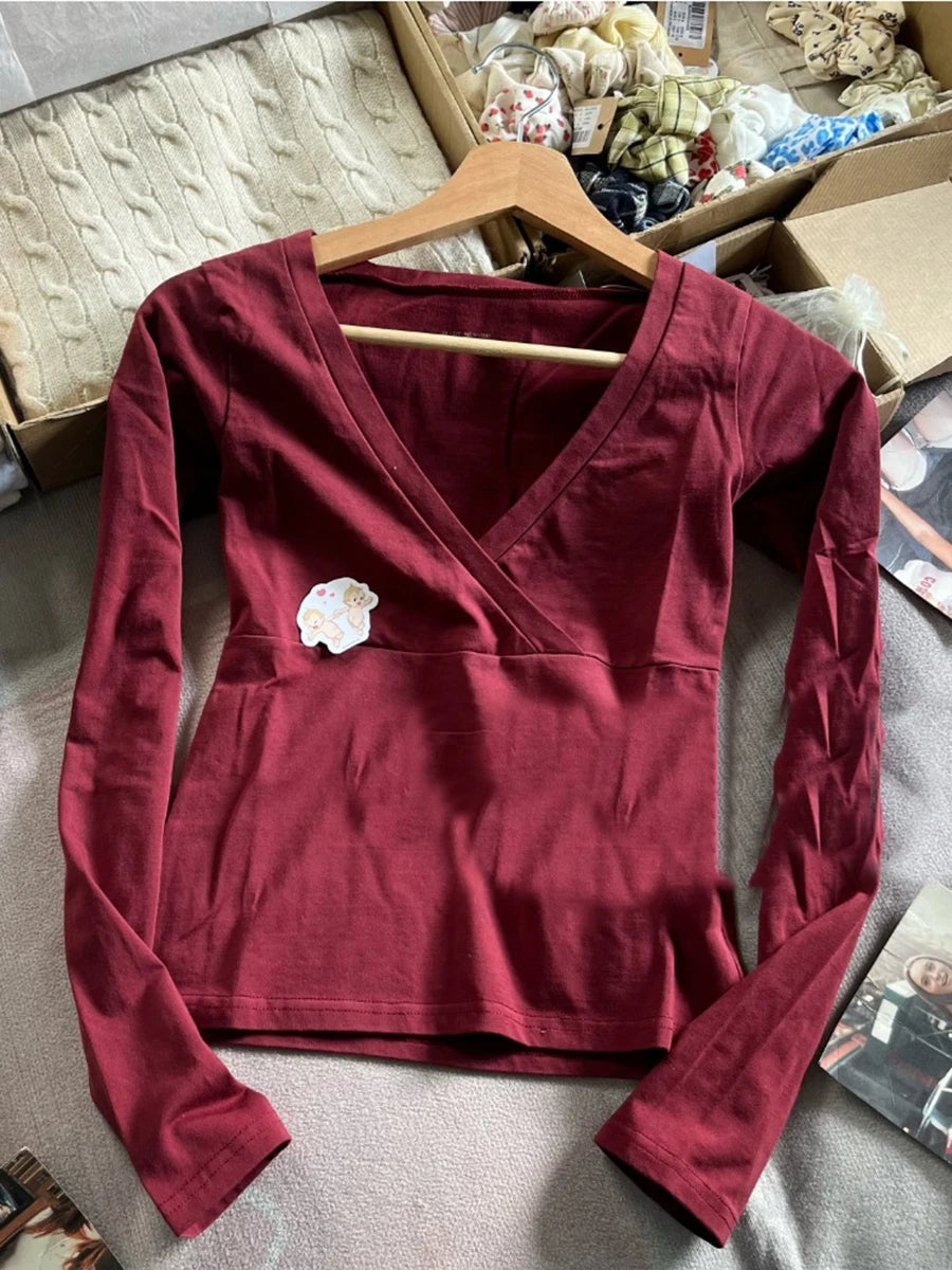 Pink Striped Slim Long Sleeve Tees Women Spring Casual Cotton O-neck Tshirt New Tops Clothes Sweet Cute  Vintage T-shirts Y2K