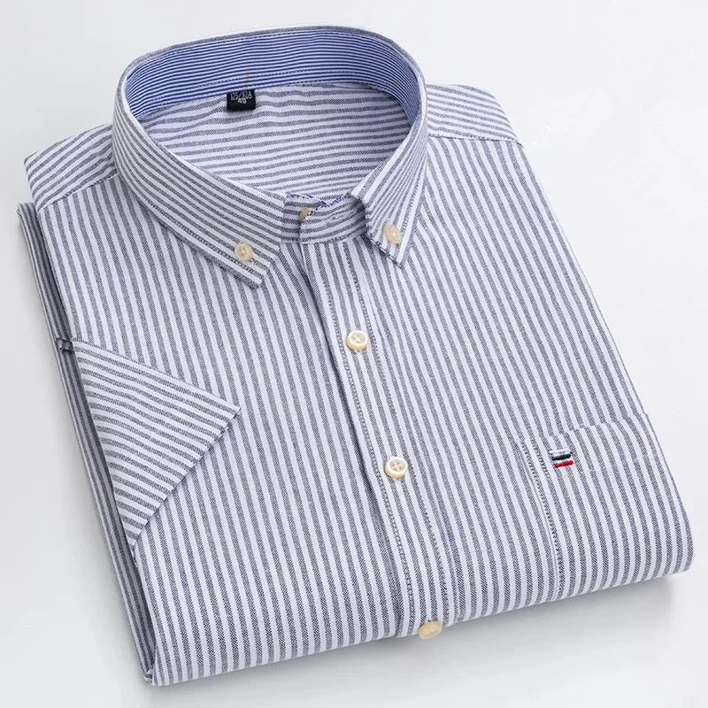 Men's high-quality Oxford cotton short sleeved shirt for summer comfort breathable classic solid color plaid business leisure