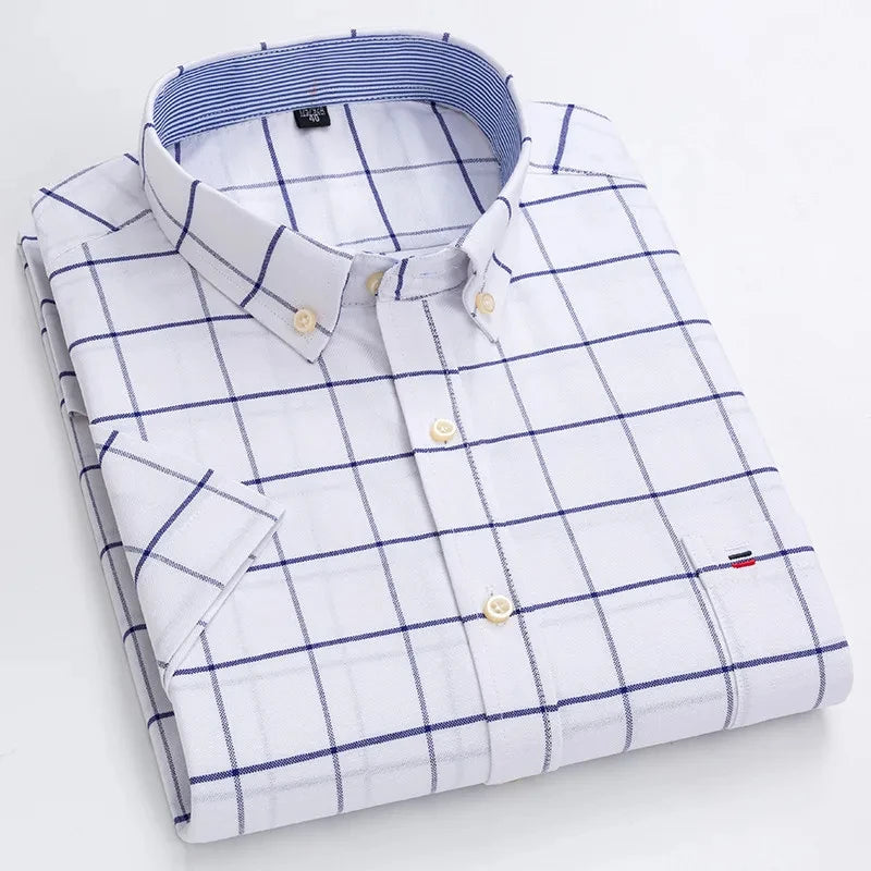 Men's high-quality Oxford cotton short sleeved shirt for summer comfort breathable classic solid color plaid business leisure