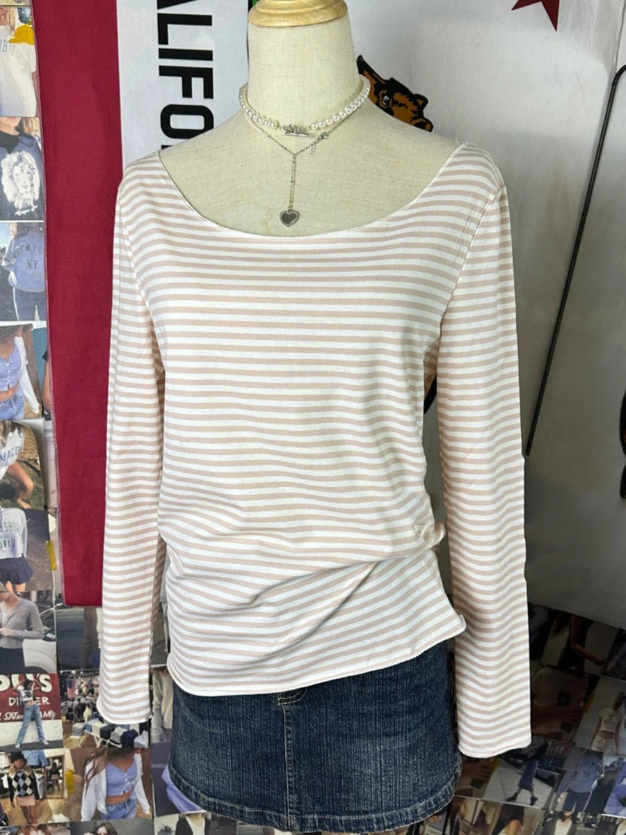 Pink Striped Slim Long Sleeve Tees Women Spring Casual Cotton O-neck Tshirt New Tops Clothes Sweet Cute  Vintage T-shirts Y2K
