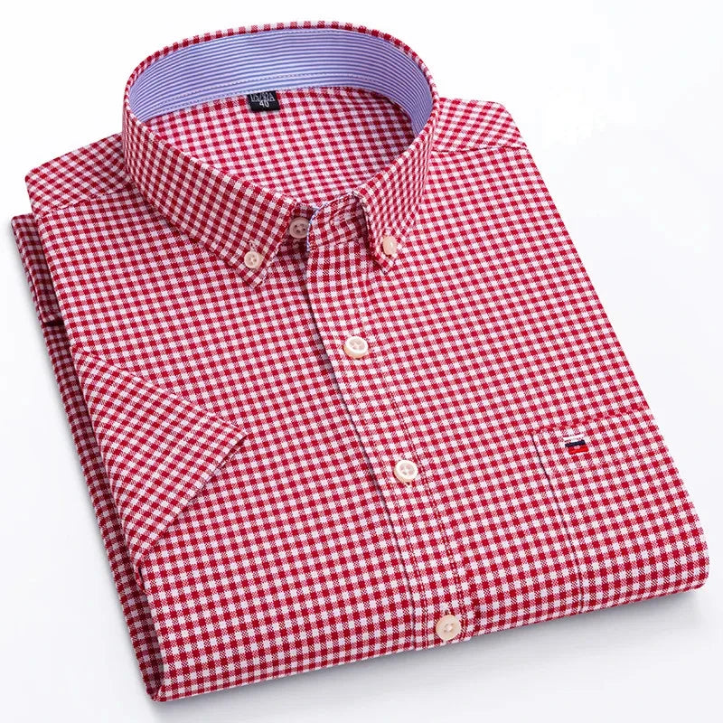 Men's high-quality Oxford cotton short sleeved shirt for summer comfort breathable classic solid color plaid business leisure