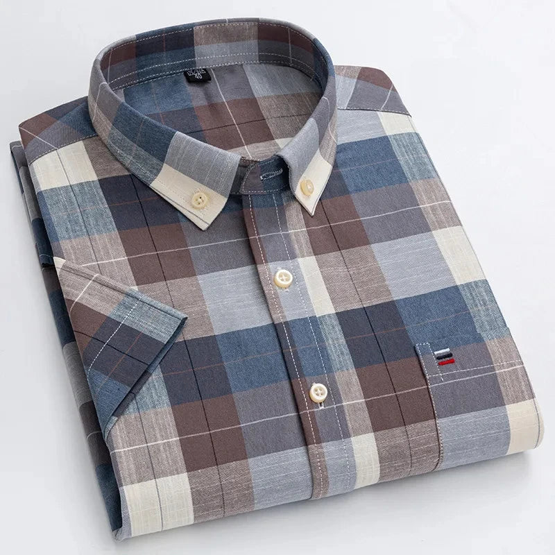 Men's high-quality Oxford cotton short sleeved shirt for summer comfort breathable classic solid color plaid business leisure