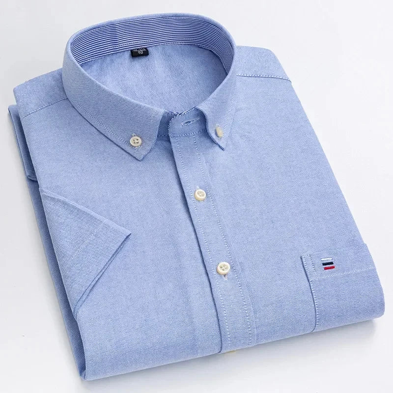Men's high-quality Oxford cotton short sleeved shirt for summer comfort breathable classic solid color plaid business leisure