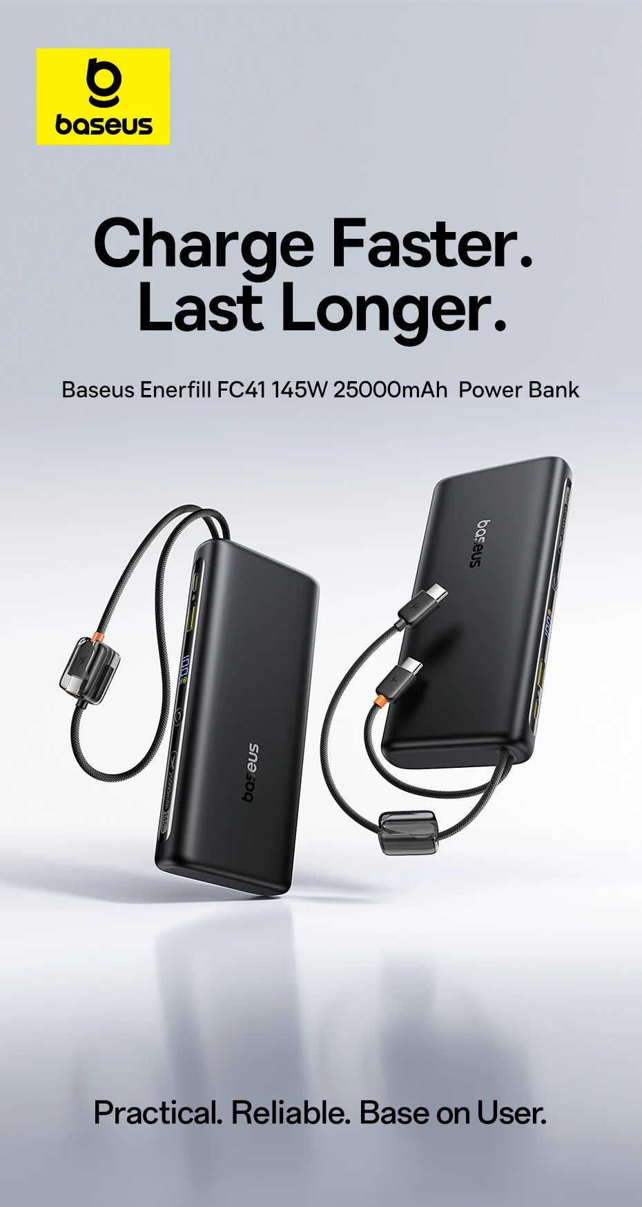 【CCC】Baseus 25000mAh 145W Power Bank Built-In Dual USB-C Cable Fast Charge Digital Display Power Bank For Mac iPhone Samsung