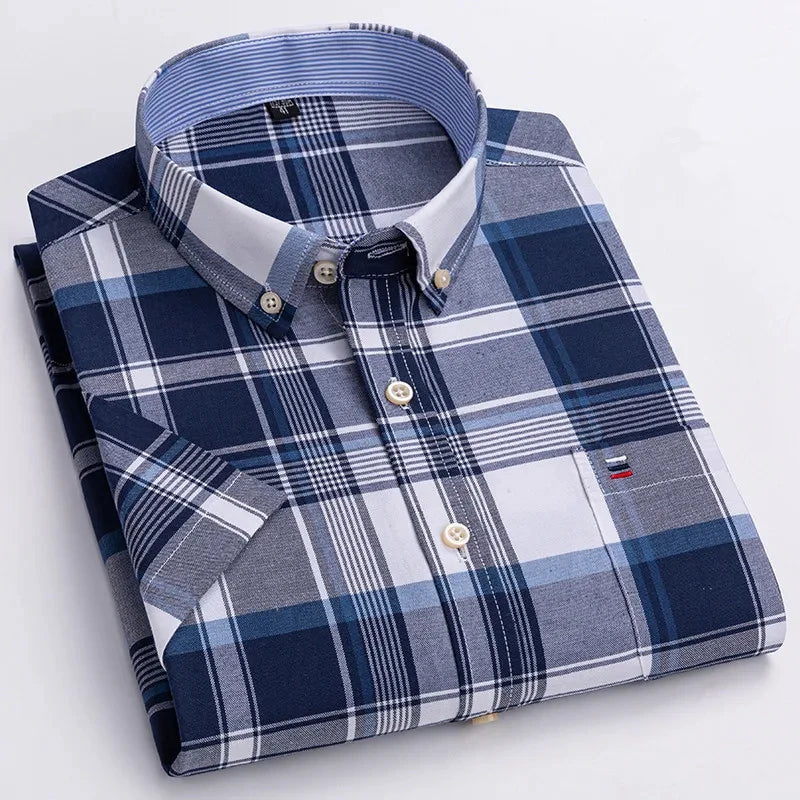 Men's high-quality Oxford cotton short sleeved shirt for summer comfort breathable classic solid color plaid business leisure