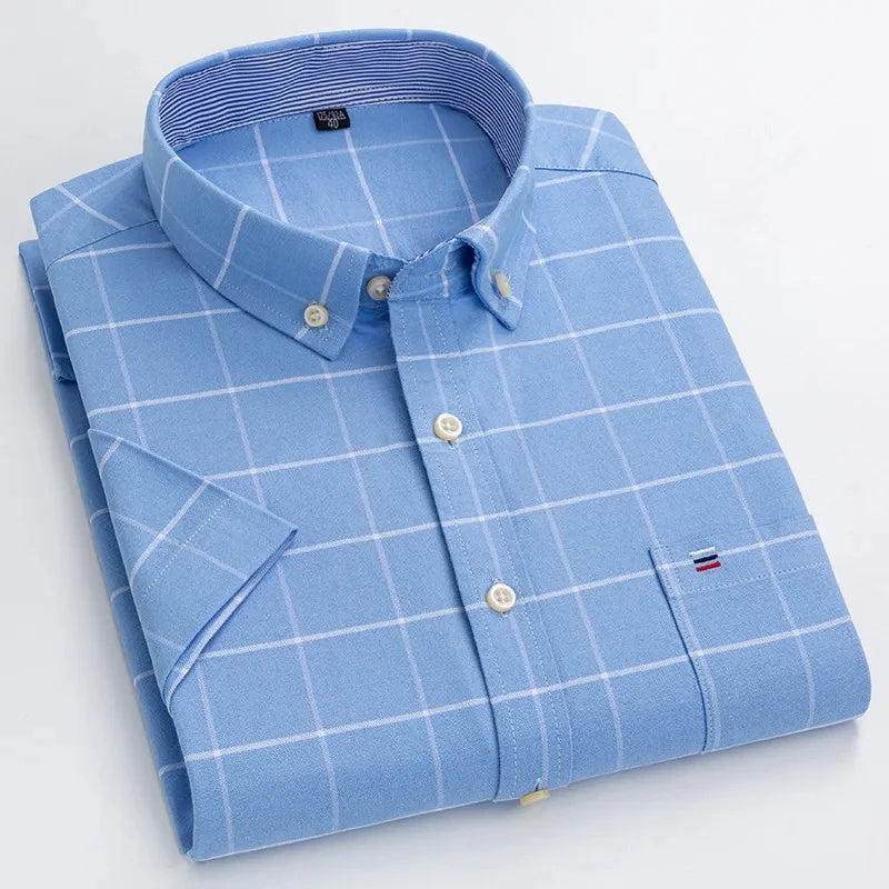 Men's high-quality Oxford cotton short sleeved shirt for summer comfort breathable classic solid color plaid business leisure