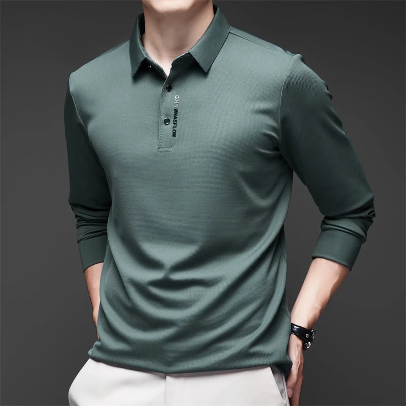 New Men's Business Casual Long Sleeved Shirt with Badge Solid Color Polo Shirt Fashionable Breathable Comfortable Versatile Top