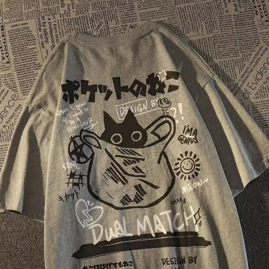 Summer Japanese Retro Pocket Cat Cartoon Printed Short Sleeve T-shirt Male Female Couples Unisex College Style Oversized Top