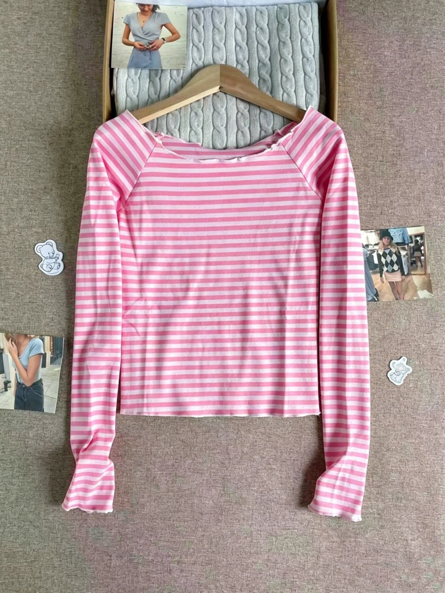 Pink Striped Slim Long Sleeve Tees Women Spring Casual Cotton O-neck Tshirt New Tops Clothes Sweet Cute  Vintage T-shirts Y2K