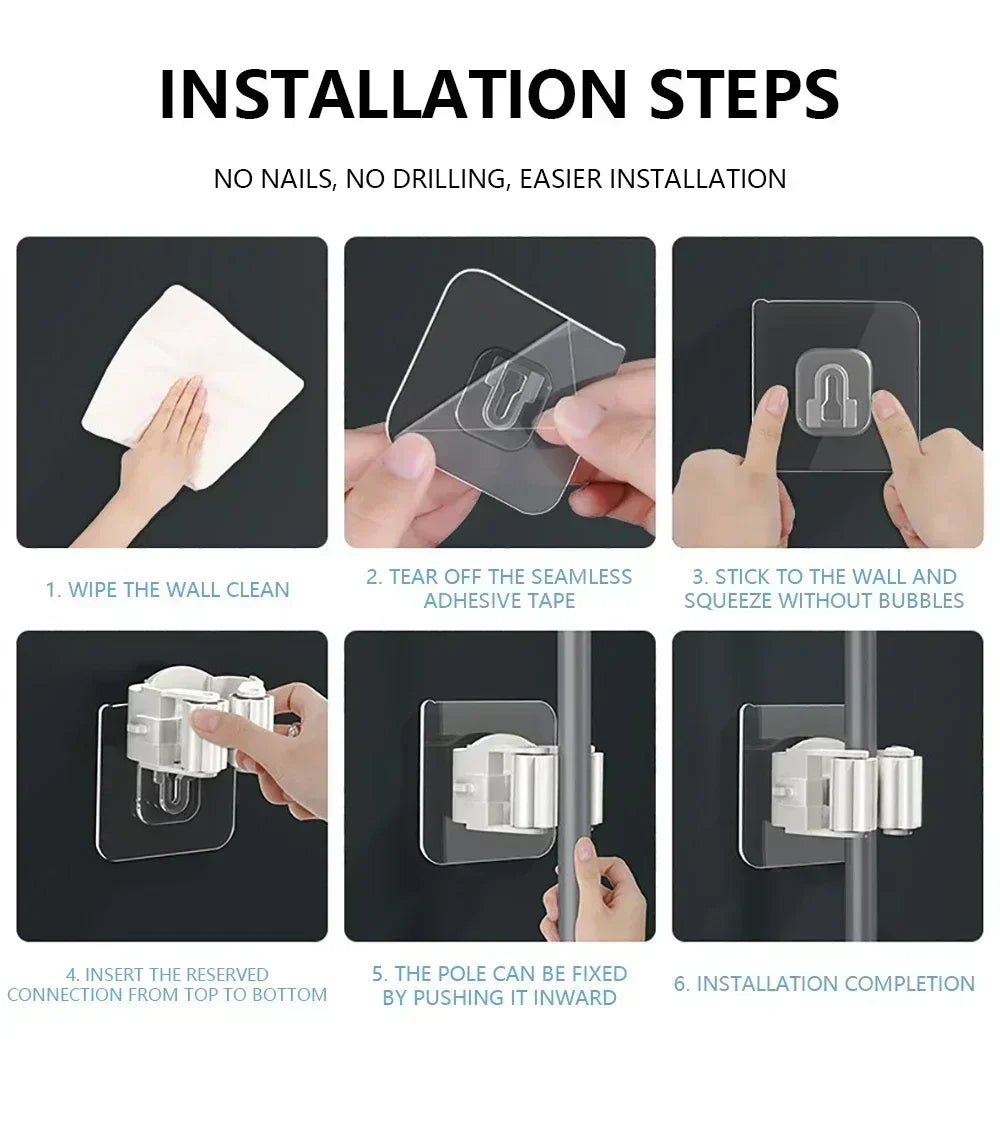 Self-adhesive Mop Holder Broom Stand Wall Mounted Mop Support Sweeping Brush Hook Storage Organizer Bathroom Kitchen Accessories
