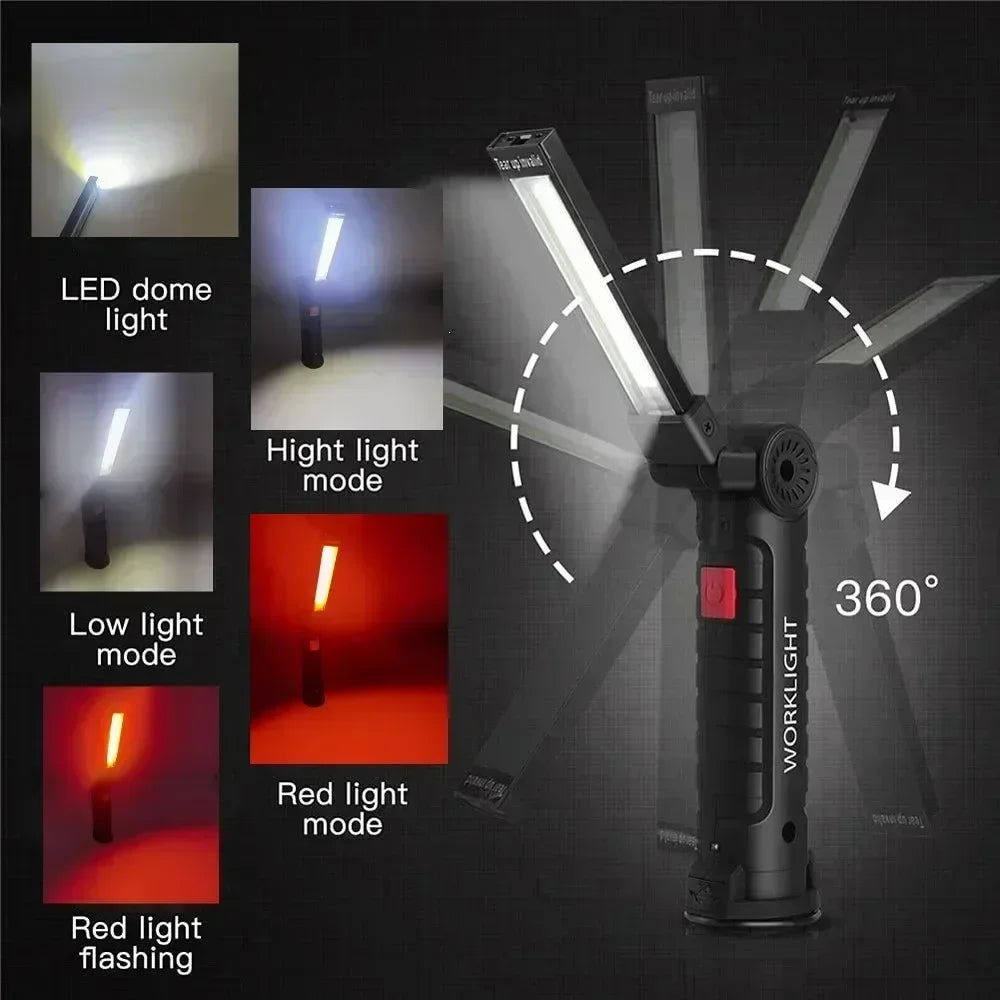 COB LED Work Light Dimmable USB Rechargeable LED Flashlight Inspection Lamp With Magnetic Hook Power Bank 18650 Battery Torch
