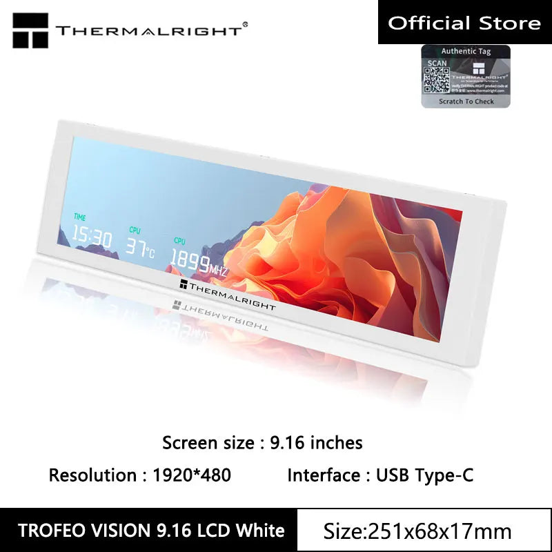 Thermalright TROFEO VISION LCD IPS full-color LCD screen，9.16 inches/magnetic/1920*480 resolution/USB Type-C port Display screen