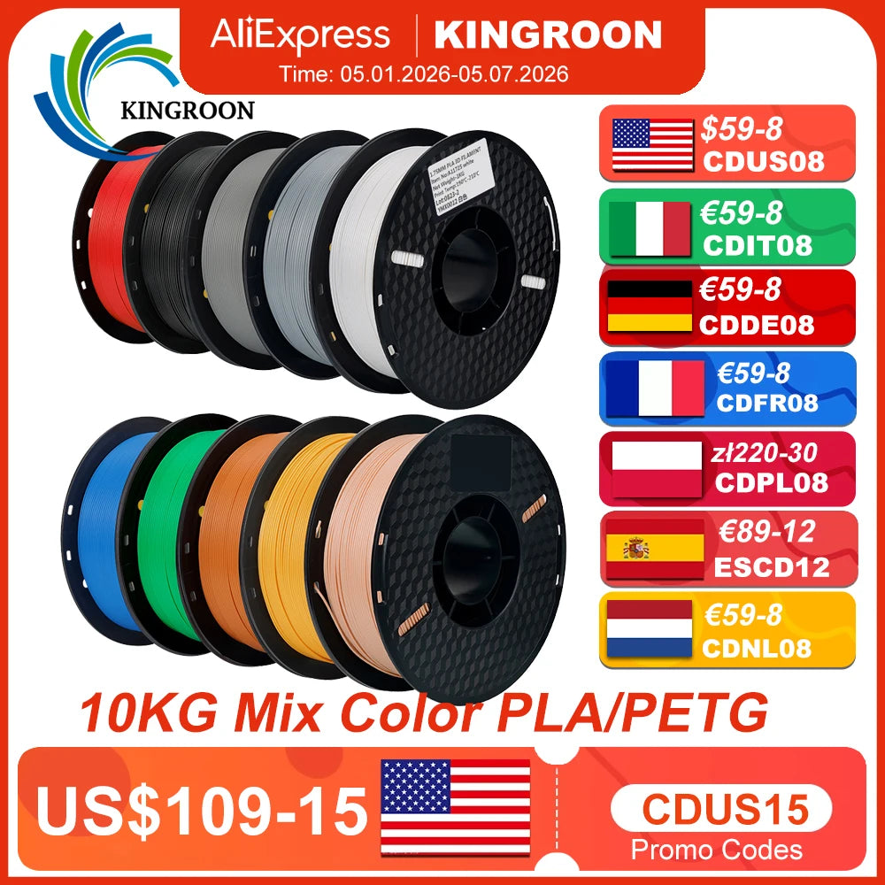 KINGROON 22LBS PETG or PLA filament 3D Printer Filament 10 Rolls 1KG 1.75MM Eco-Friendly Good Toughness Mix Color