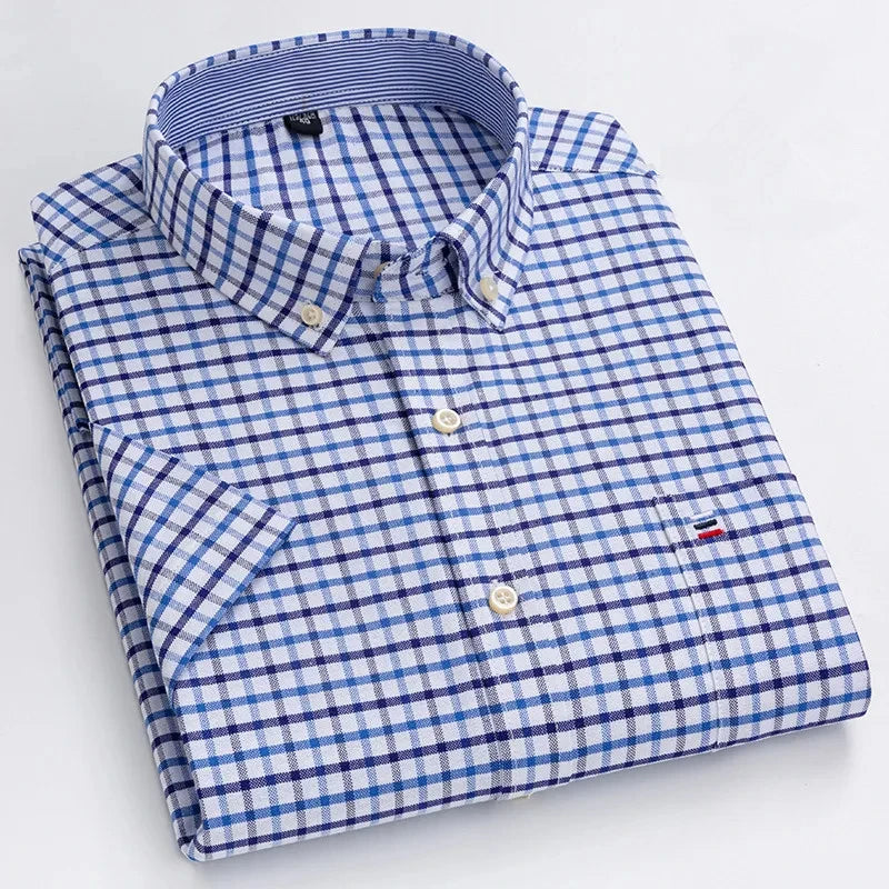 Men's high-quality Oxford cotton short sleeved shirt for summer comfort breathable classic solid color plaid business leisure