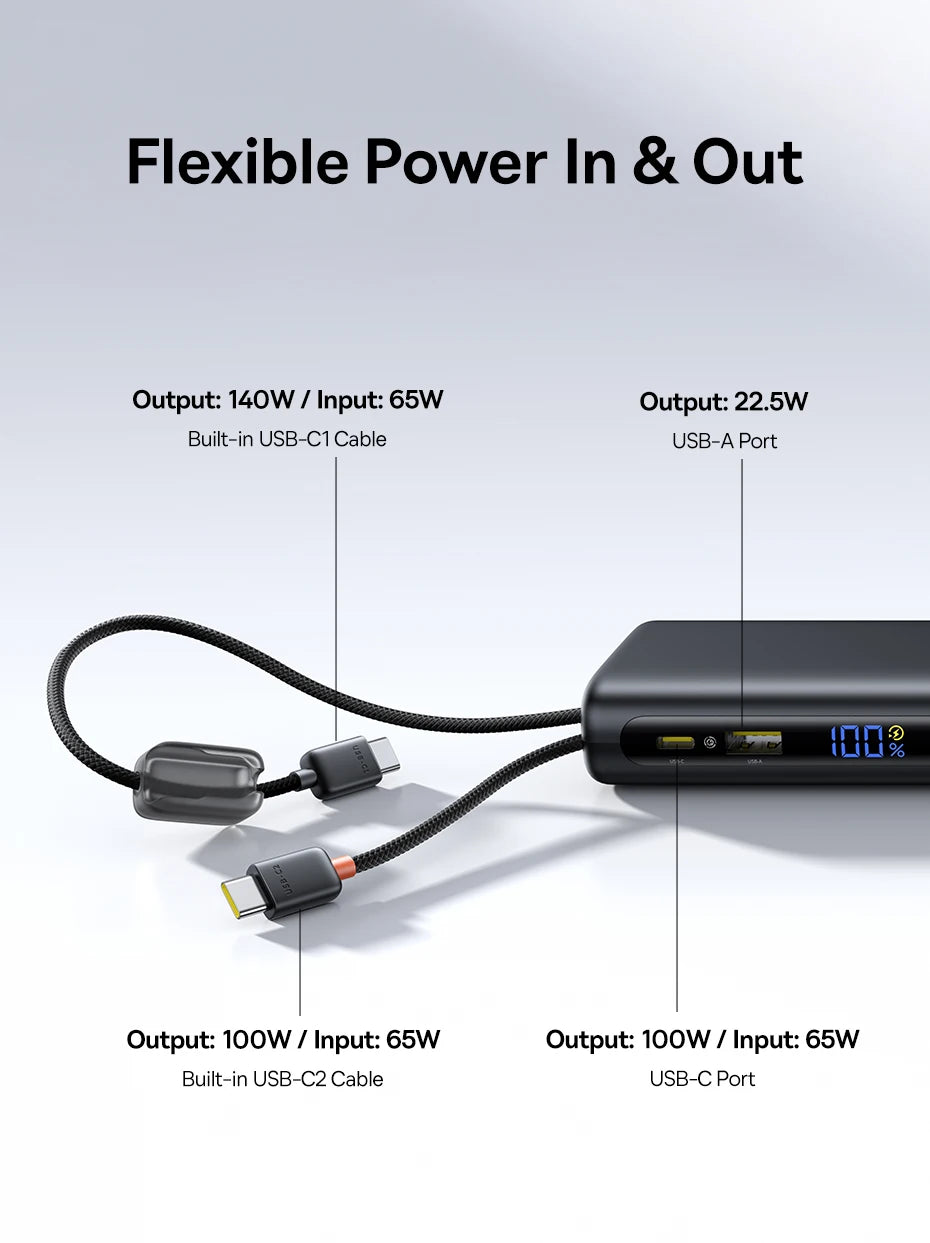 【CCC】Baseus 25000mAh 145W Power Bank Built-In Dual USB-C Cable Fast Charge Digital Display Power Bank For Mac iPhone Samsung