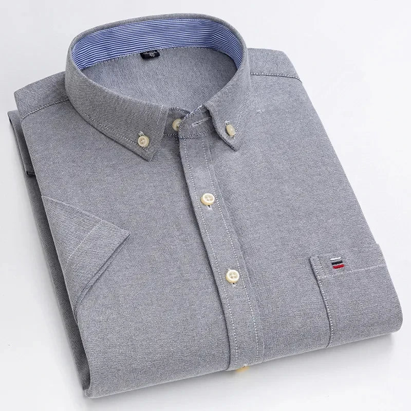 Men's high-quality Oxford cotton short sleeved shirt for summer comfort breathable classic solid color plaid business leisure