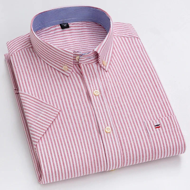 Men's high-quality Oxford cotton short sleeved shirt for summer comfort breathable classic solid color plaid business leisure