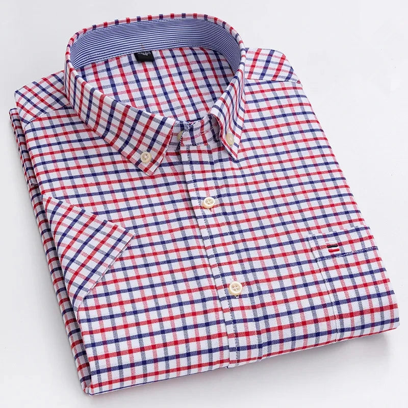 Men's high-quality Oxford cotton short sleeved shirt for summer comfort breathable classic solid color plaid business leisure