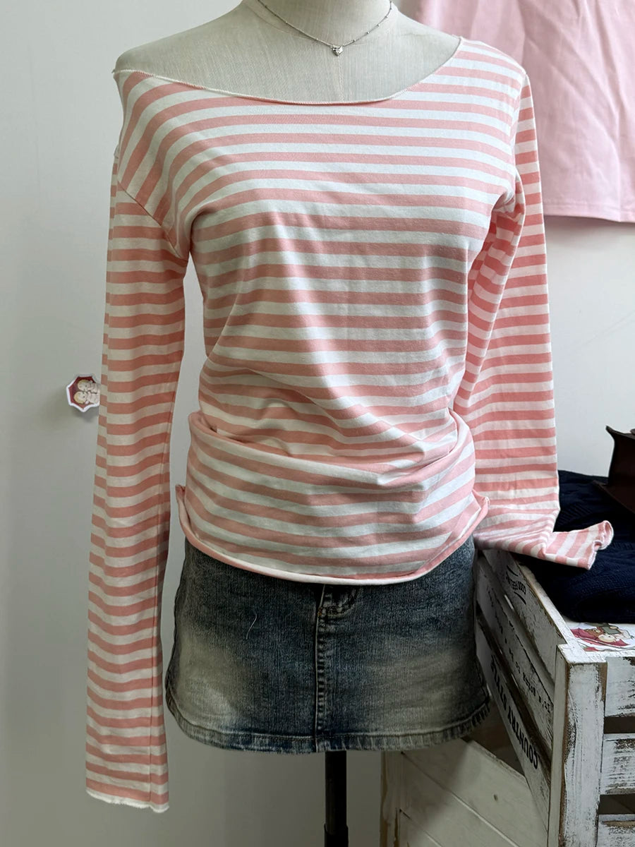 Pink Striped Slim Long Sleeve Tees Women Spring Casual Cotton O-neck Tshirt New Tops Clothes Sweet Cute  Vintage T-shirts Y2K