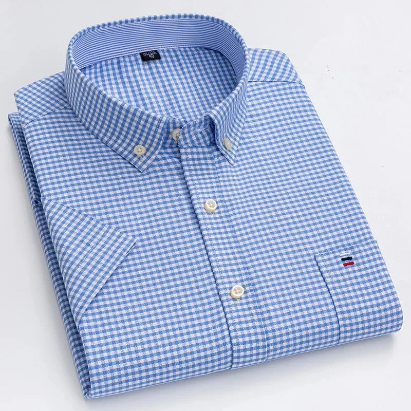 Men's high-quality Oxford cotton short sleeved shirt for summer comfort breathable classic solid color plaid business leisure
