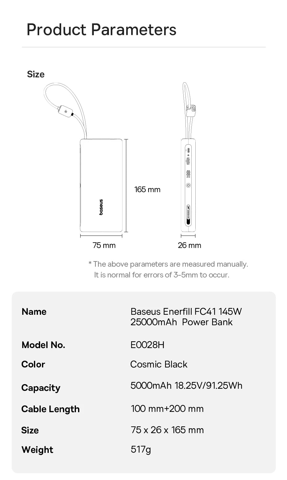 【CCC】Baseus 25000mAh 145W Power Bank Built-In Dual USB-C Cable Fast Charge Digital Display Power Bank For Mac iPhone Samsung