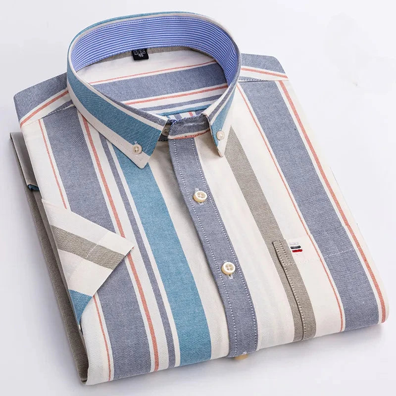 Men's high-quality Oxford cotton short sleeved shirt for summer comfort breathable classic solid color plaid business leisure